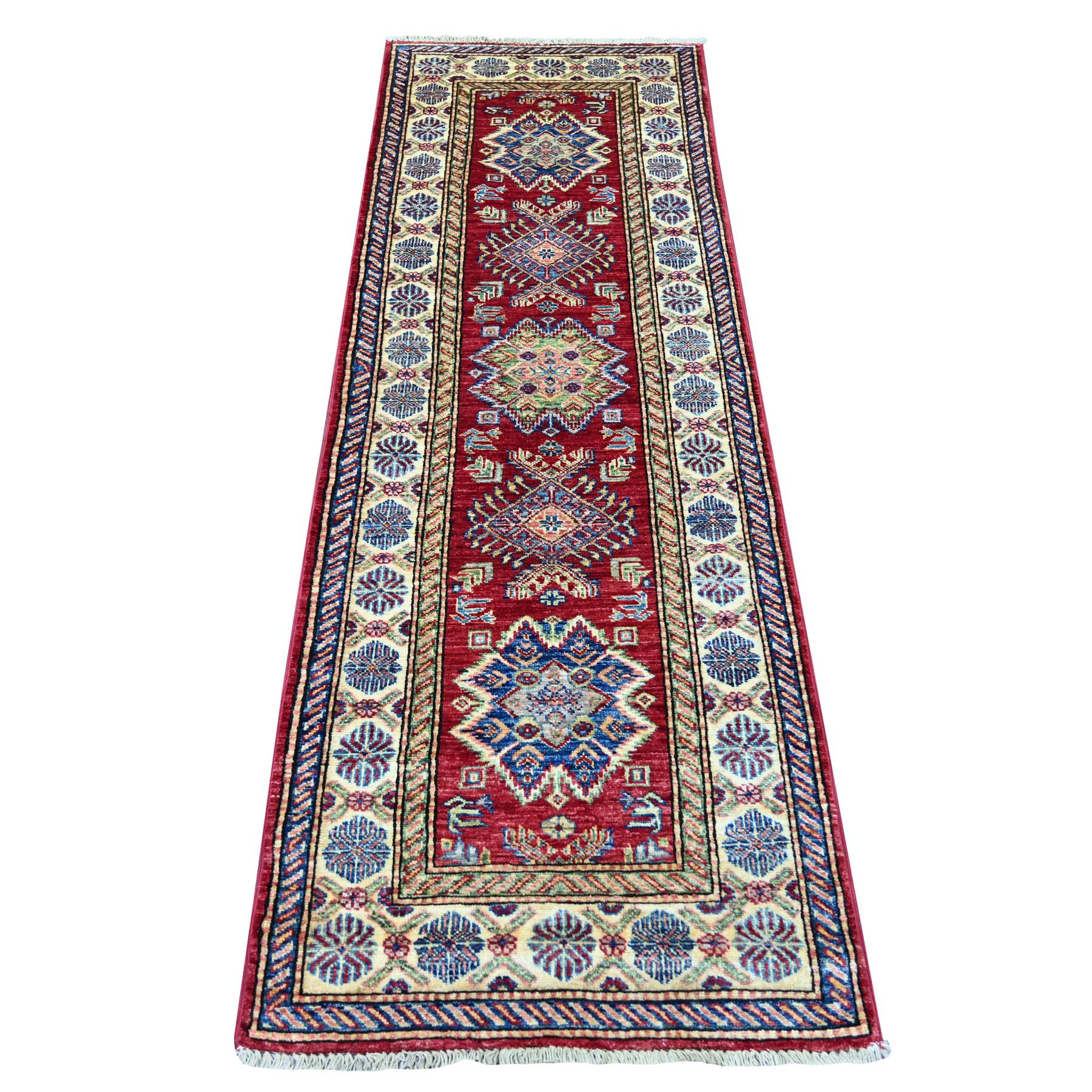2'4"x6'9" Brick Red, Hand Knotted, Afghan Super Kazak with Tribal Medallions Design, Vegetable Dyes, Pure Wool, Narrow Runner, Oriental Rug 
